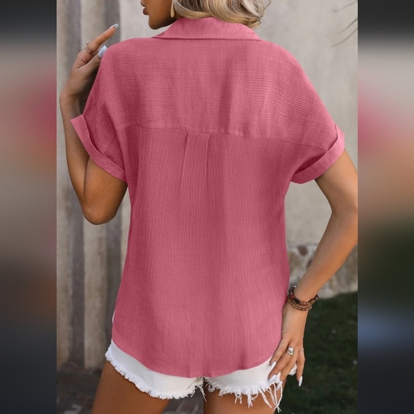 Mauve button down collared  blouse size small cuff sleeve textured material - Picture 2 of 8